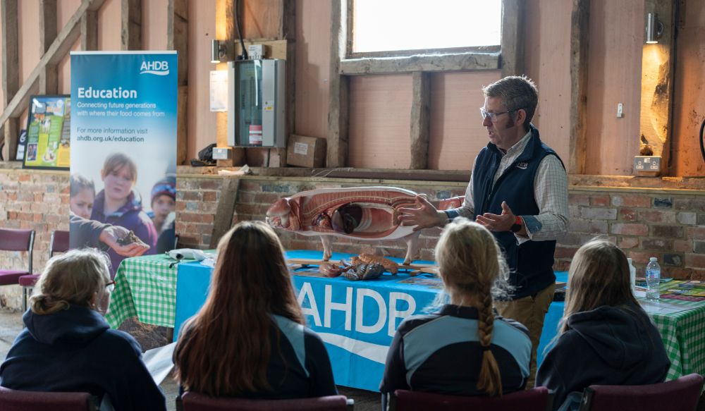 Group of students listening to a man talking in front of a model pig